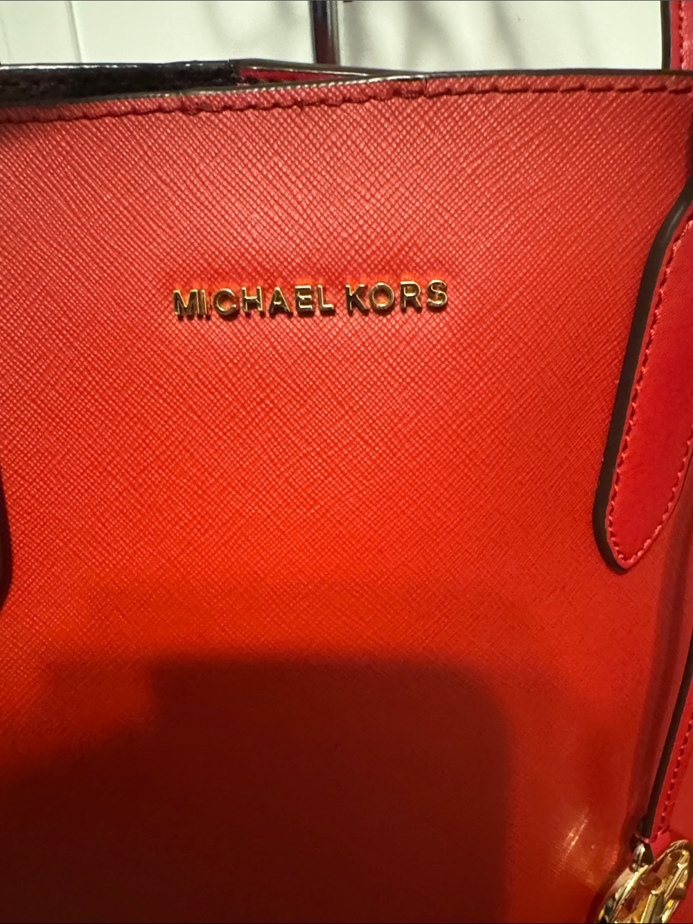 Michael Kors Red Saffiano Tote with Gold MK Charm - Picture 2 of 6